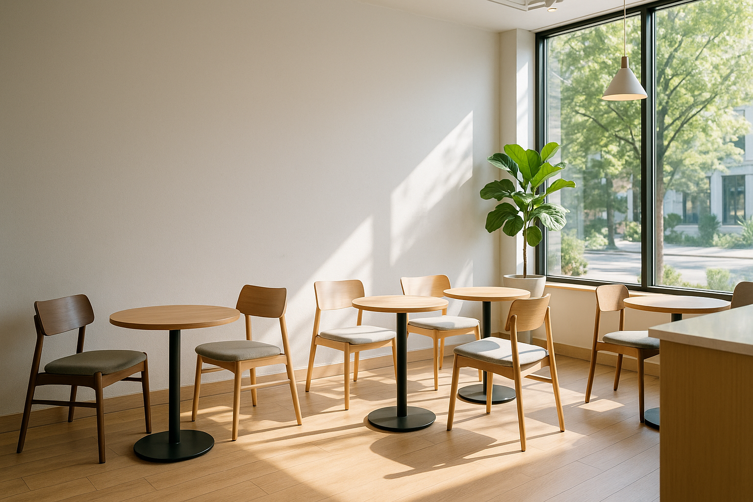 interior of a bright and modern coffee shop, with cozy tables and chairs set  up in front of an empty wall, wall is light grey, we see a nice big window from where the sun shines in