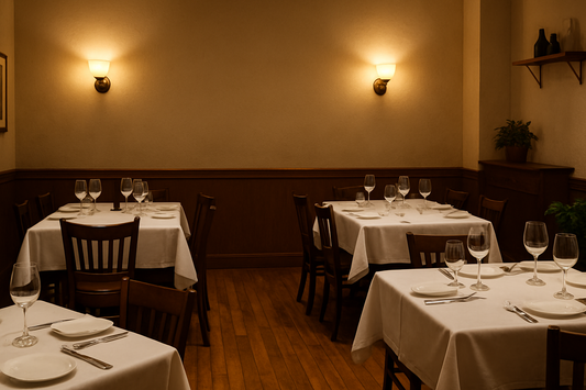 the interior of a nice local restaurant where we see an empty wall behind a few tables, all set up for dinner, with chairs
